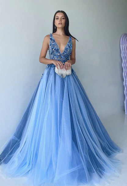 Prom Dresses V Neck Tulle With Beading Sweep Tran A Line