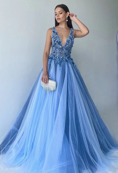 Prom Dresses V Neck Tulle With Beading Sweep Tran A Line