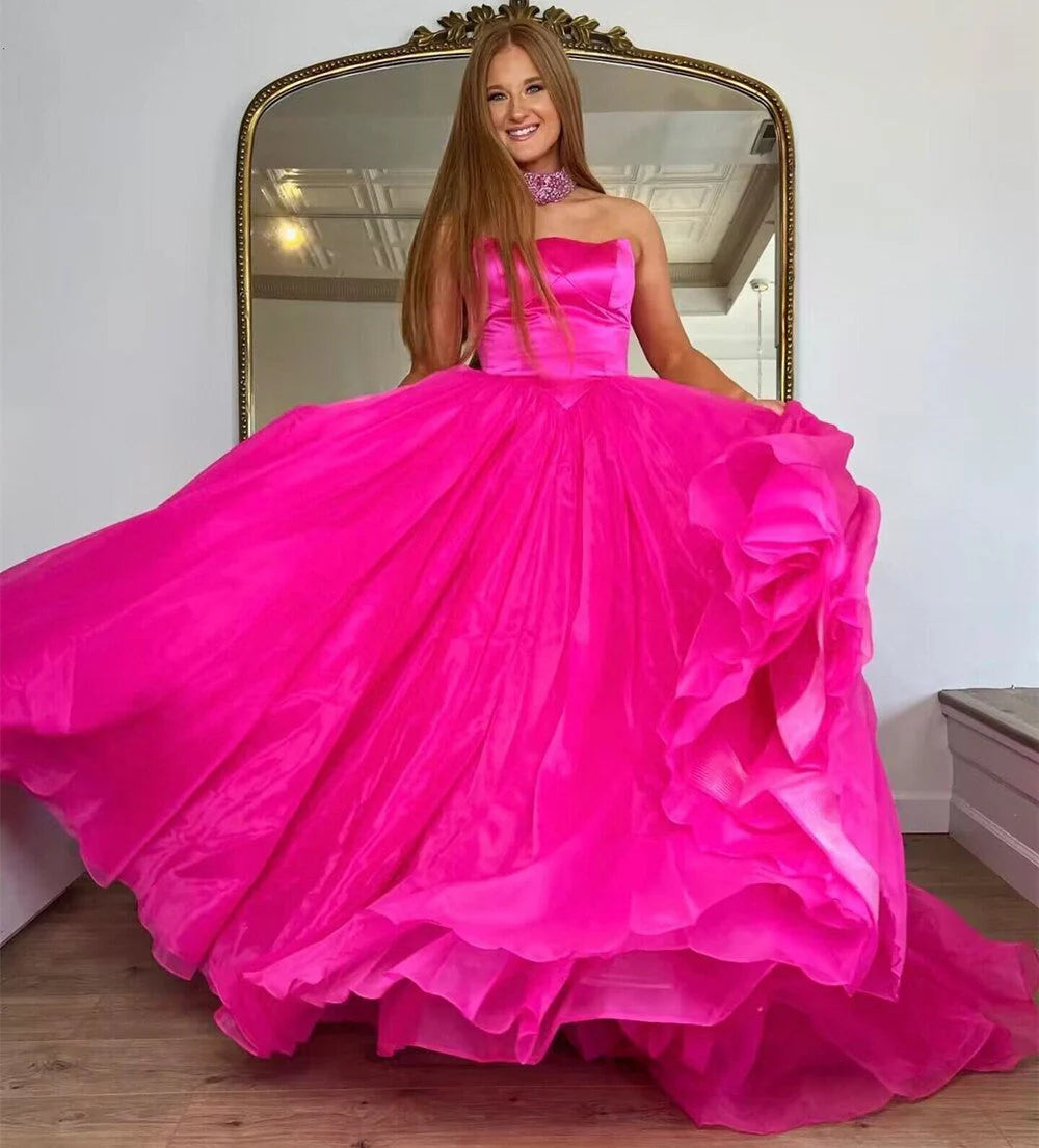 Prom Evening Dresses A Line Strapless Satin Tulle Sweep Train Zipper Up