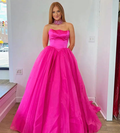 Prom Evening Dresses A Line Strapless Satin Tulle Sweep Train Zipper Up