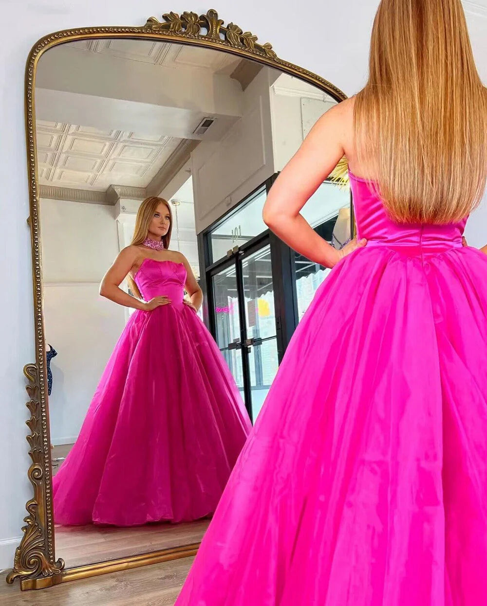 Prom Evening Dresses A Line Strapless Satin Tulle Sweep Train Zipper Up