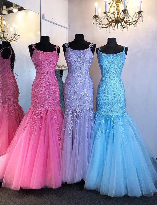 Spaghetti Straps Tulle Scoop Prom Dresses Mermaid With Applique