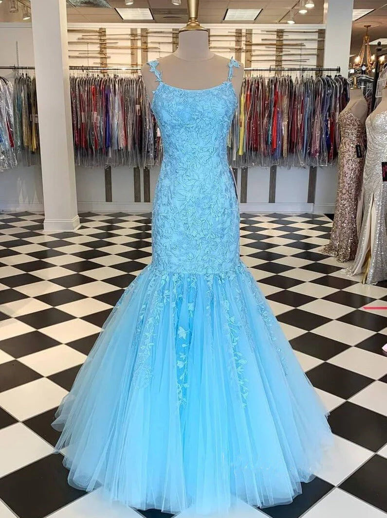 Spaghetti Straps Tulle Scoop Prom Dresses Mermaid With Applique