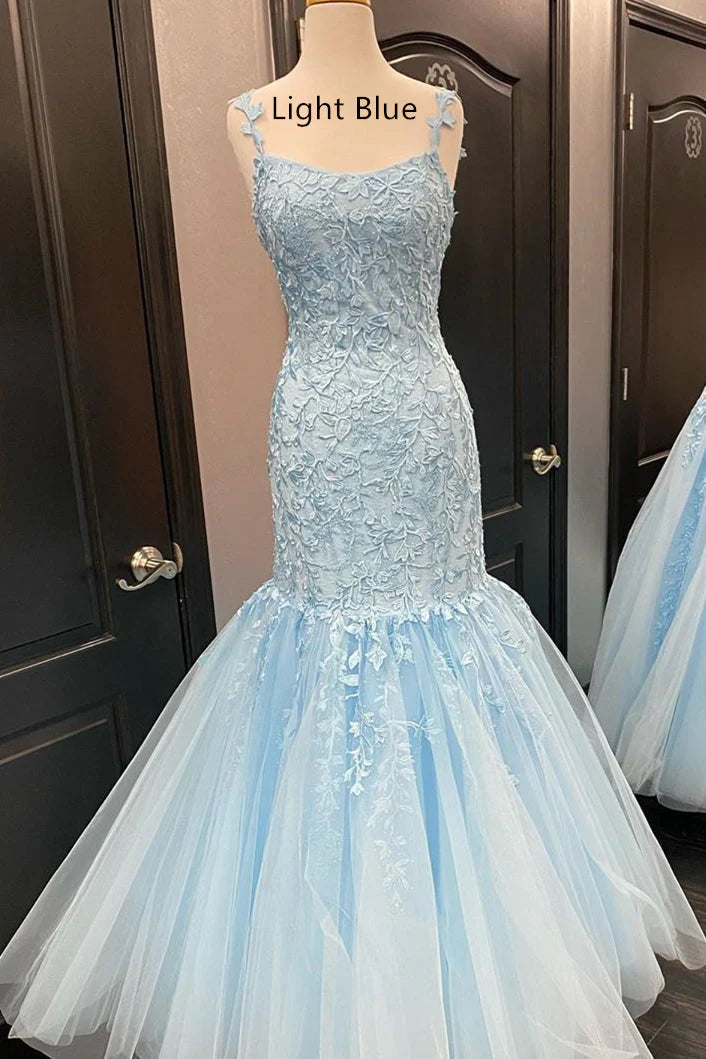 Spaghetti Straps Tulle Scoop Prom Dresses Mermaid With Applique