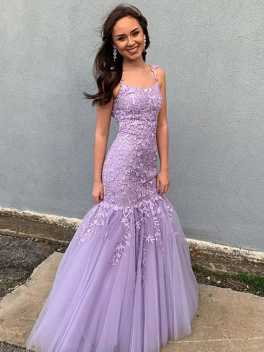 Spaghetti Straps Tulle Scoop Prom Dresses Mermaid With Applique