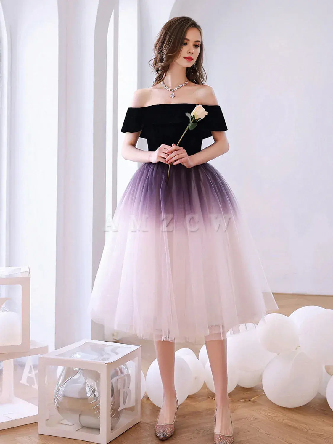 Amzcw Purple off shoulder tulle short prom dress tulle homecoming dress prom dress in store