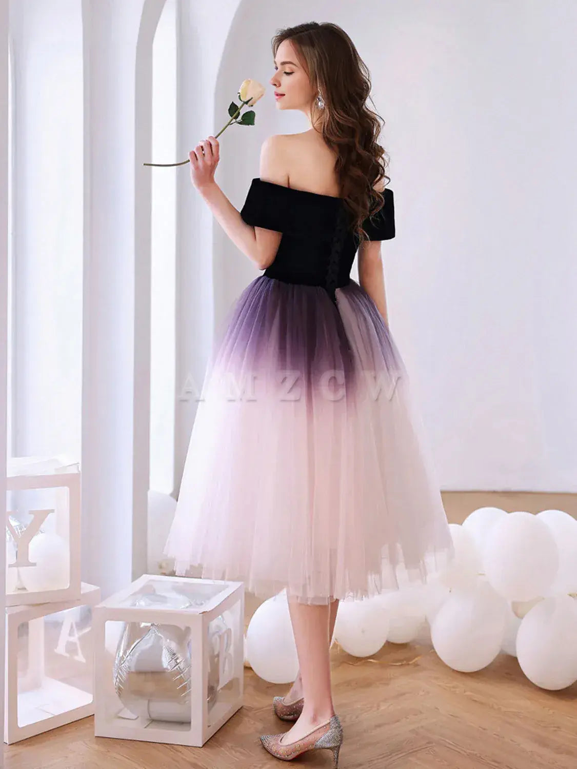 Amzcw Purple off shoulder tulle short prom dress tulle homecoming dress prom dress in store