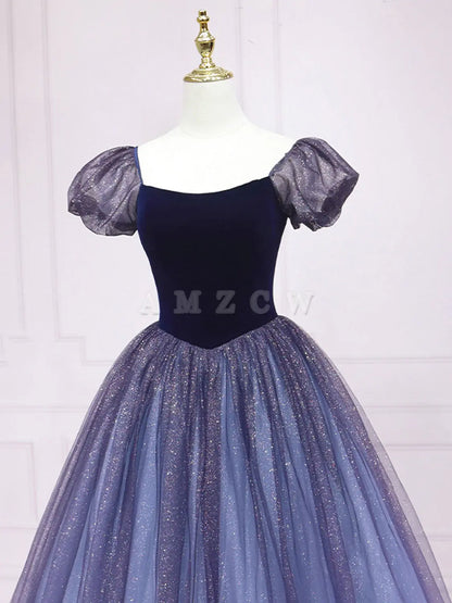 Amzcw Purple tulle A line long prom dress purple tulle formal dress prom dress in store