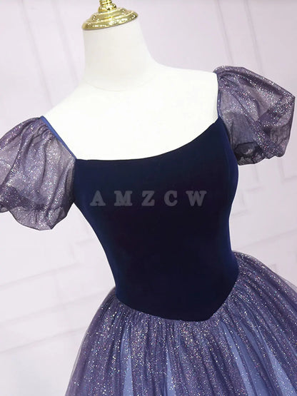 Amzcw Purple tulle A line long prom dress purple tulle formal dress prom dress in store