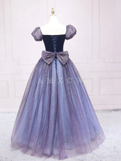 Amzcw Purple tulle A line long prom dress purple tulle formal dress prom dress in store