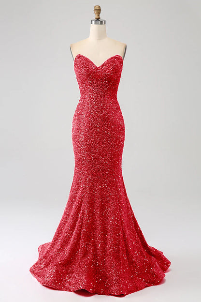 Amzcw Red Mermaid Sweetheart Sweep Train Prom Dress With Sequins prom dresses shops