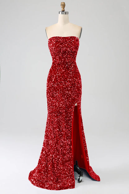 Amzcw Red Mermaid Strapless Sequins Long Prom Dress With Slit