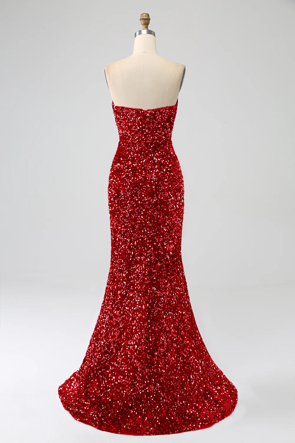 Amzcw Red Mermaid Strapless Sequins Long Prom Dress With Slit