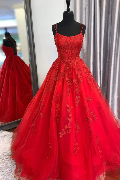 Red Lace Appliques Spaghetti Straps Prom Dresses, A Line Long Formal Evening Dresses
