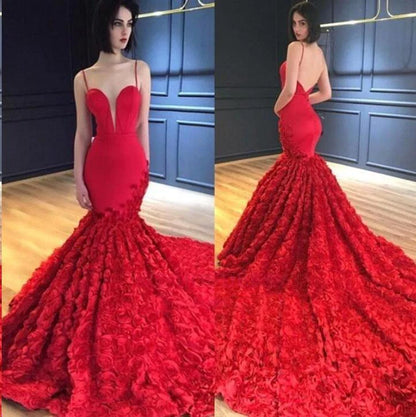 Mermaid Prom Dresses Spaghetti Straps V Neck Trumpet Rose Lace Evening Dresses