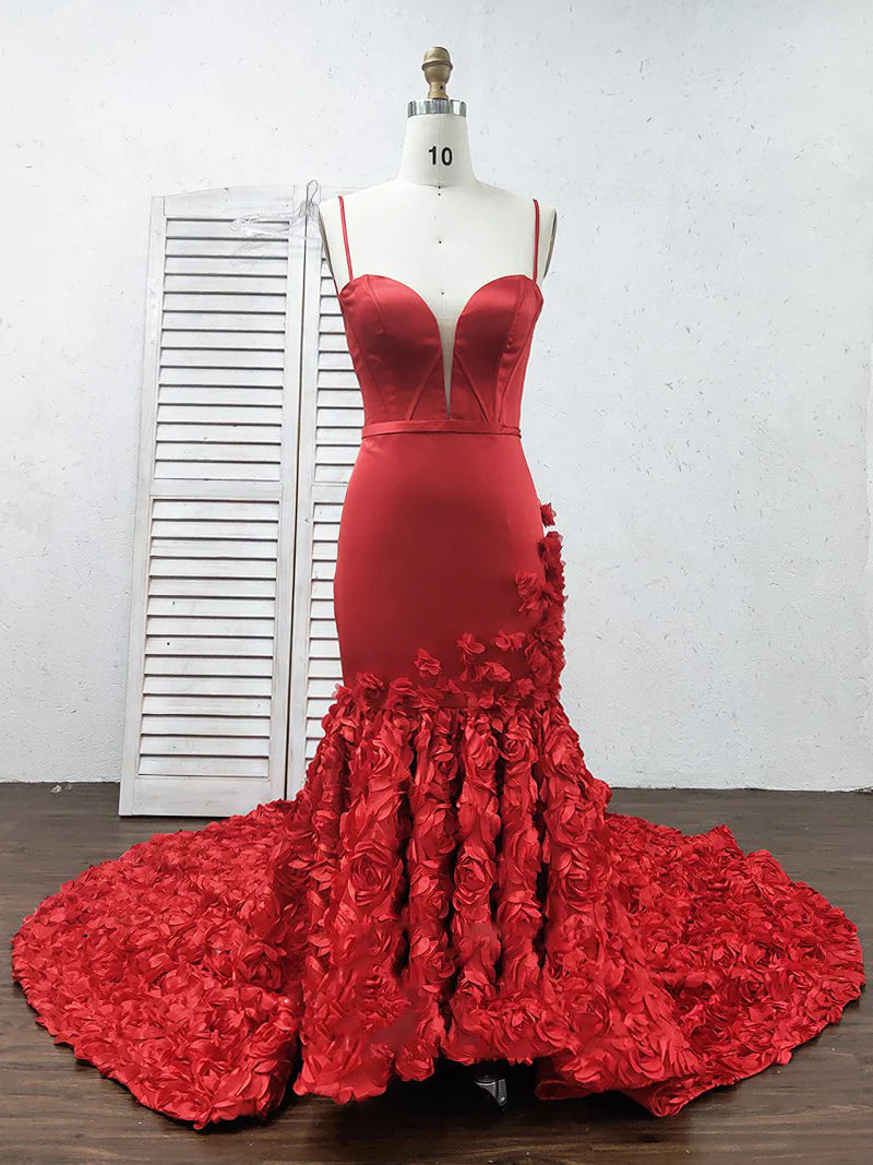 Mermaid Prom Dresses Spaghetti Straps V Neck Trumpet Rose Lace Evening Dresses