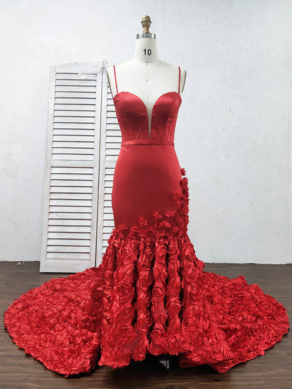 Mermaid Prom Dresses Spaghetti Straps V Neck Trumpet Rose Lace Evening Dresses