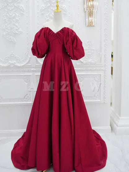 Amzcw Red V Neck Satin Long Prom Dress Red Puff Sleeves Satin Long Formal Dress prom dresses shops