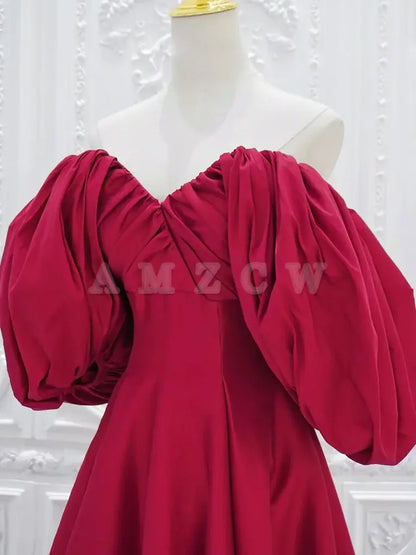 Amzcw Red V Neck Satin Long Prom Dress Red Puff Sleeves Satin Long Formal Dress prom dresses shops