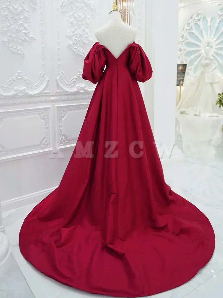 Amzcw Red V Neck Satin Long Prom Dress Red Puff Sleeves Satin Long Formal Dress prom dresses shops