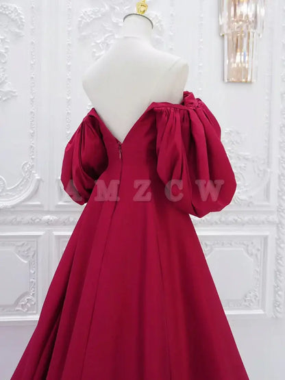 Amzcw Red V Neck Satin Long Prom Dress Red Puff Sleeves Satin Long Formal Dress prom dresses shops