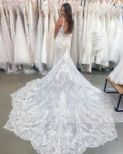 Romantic Boho Backless Lace Mermaid Elegant Ivory Wedding Dress