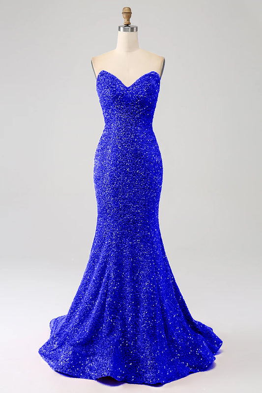 Amzcw Royal Blue Mermaid Sweetheart Sweep Train Prom Dress With Sequins prom dresses shops