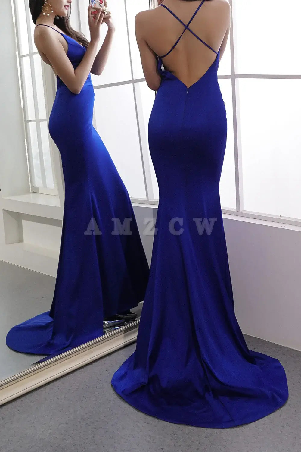 Amzcw Royal Blue Satin Evening Dress Mermaid Backless Long Prom Dress gowns evening dresses prom dresses shops