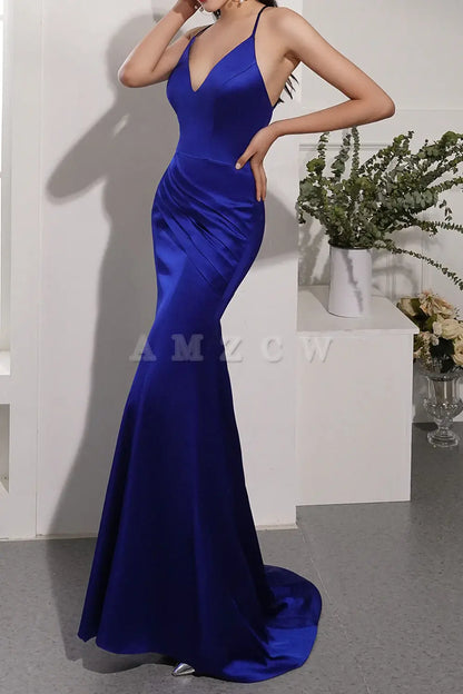 Amzcw Royal Blue Satin Evening Dress Mermaid Backless Long Prom Dress gowns evening dresses prom dresses shops