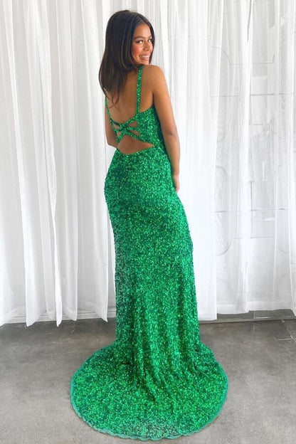 Sequin Glitters V Neck Straps Mermaid Long Prom Dresses With Split