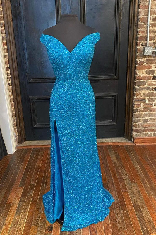 Sequin Mermaid Prom Dresses Off The Shoulder With Slit