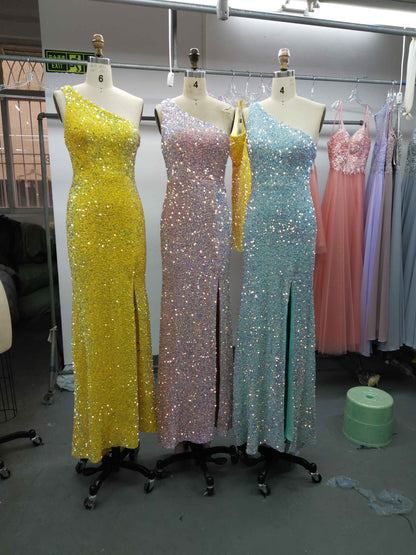 Sequin Prom Dresses Sheath/Mermaid One Shoulder Floor Length