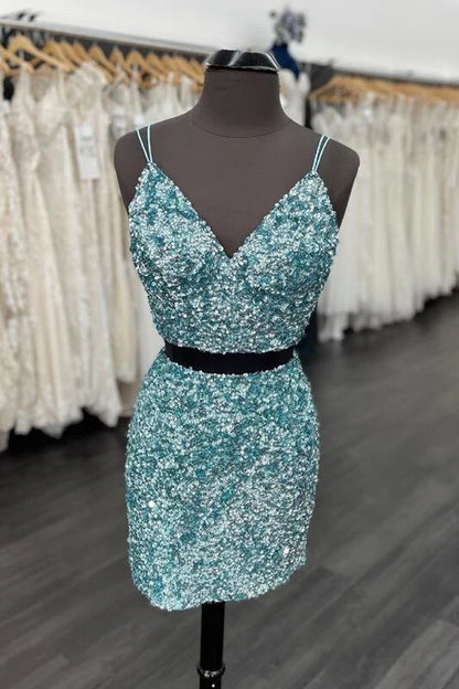 Sequins Two Pieces Homecoming Dresses V-Neck Knee-Length Cocktail Dresses