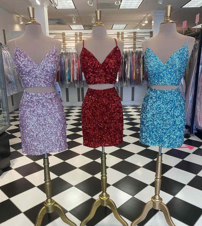 Sequins Two Pieces Homecoming Dresses V-Neck Knee-Length Cocktail Dresses