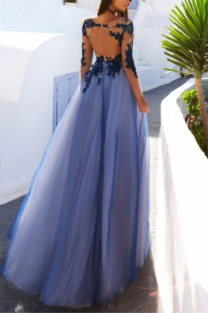 A-Line See Through Blue Lace Long Sleeve Open Back Appliques Long Prom Dresses