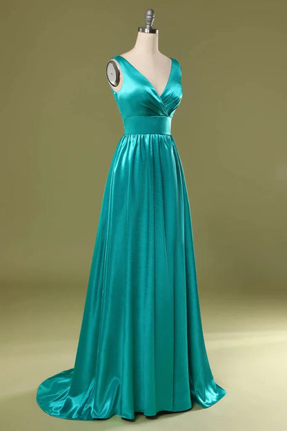 A Line Split Turquoise V-Neck Green Satin Prom Dresses with High Slit