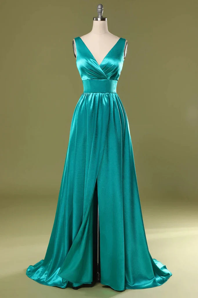 A Line Split Turquoise V-Neck Green Satin Prom Dresses with High Slit