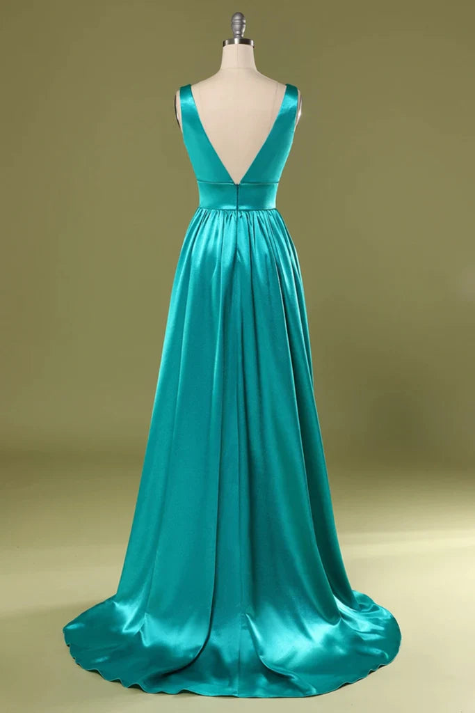 A Line Split Turquoise V-Neck Green Satin Prom Dresses with High Slit