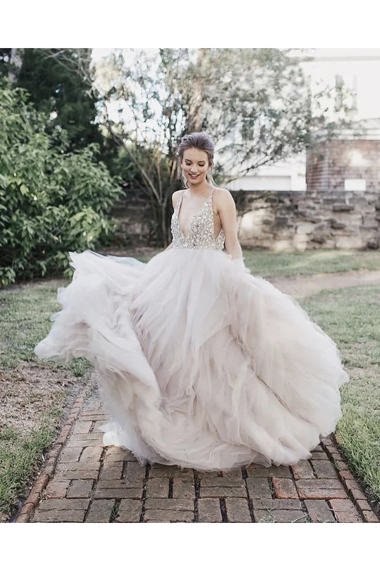 A Line Tulle Sleeveless Deep V-Neck Beaded Bodice Rustic Wedding Dress