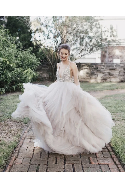 A Line Tulle Sleeveless Deep V-Neck Beaded Bodice Rustic Wedding Dress