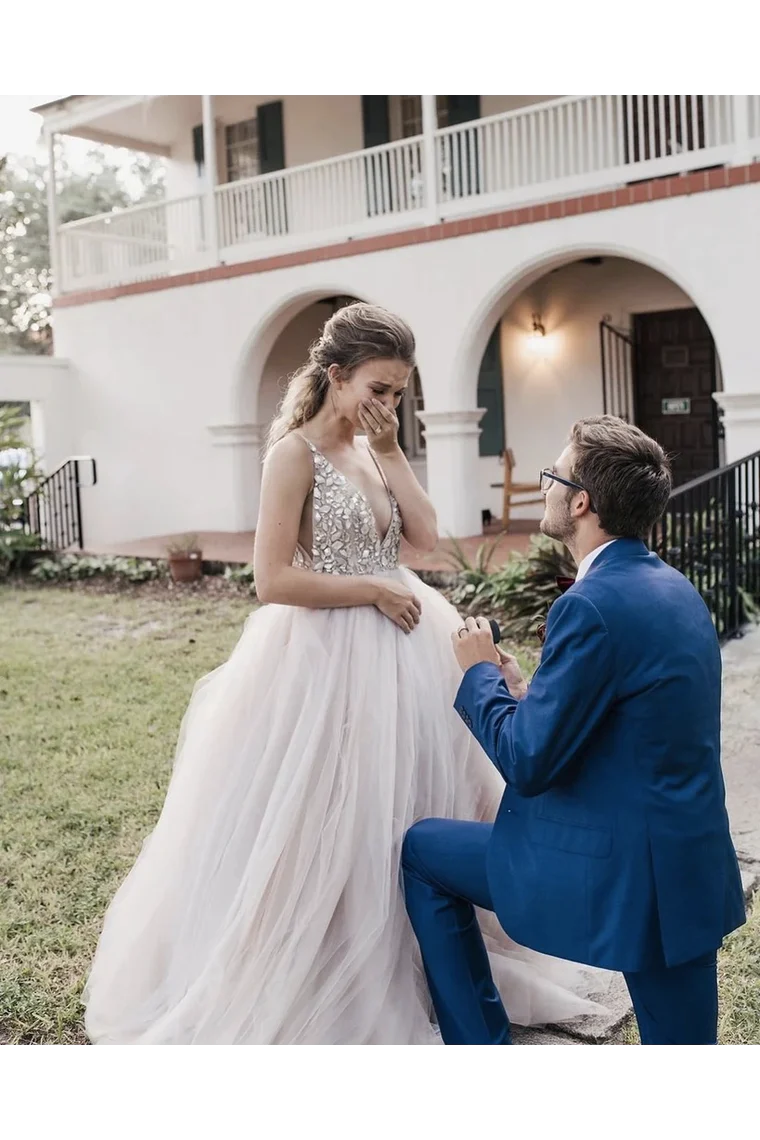 A Line Tulle Sleeveless Deep V-Neck Beaded Bodice Rustic Wedding Dress