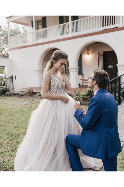 A Line Tulle Sleeveless Deep V-Neck Beaded Bodice Rustic Wedding Dress