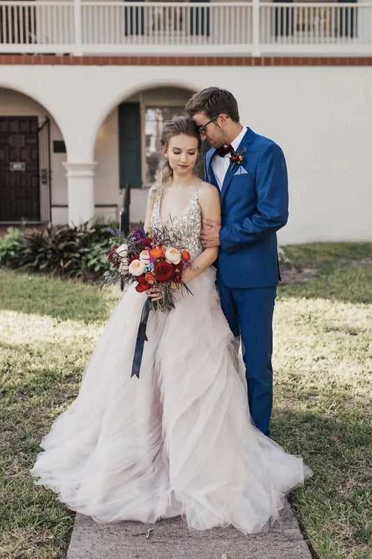 A Line Tulle Sleeveless Deep V-Neck Beaded Bodice Rustic Wedding Dress