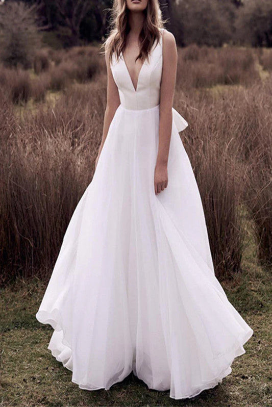 A Line V Neck Tulle Wedding Dress With