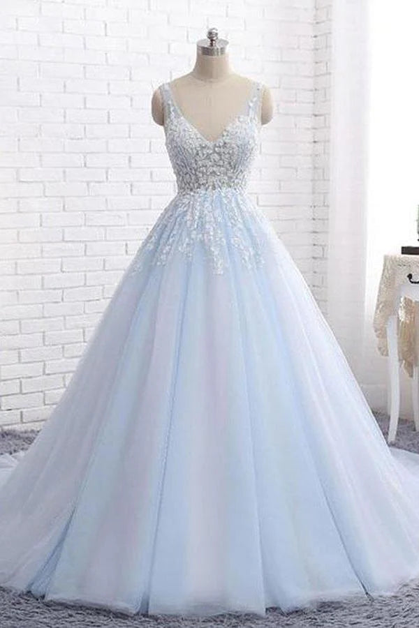 Sexy Ball Gown Tulle Sky Blue V-neck Appliques Brush Train Long Sleeveless Prom Dresses