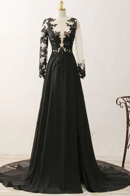 Sexy Black Long Sleeve Lace Slit V-Neck Prom Dress Evening Dresses