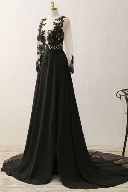 Sexy Black Long Sleeve Lace Slit V-Neck Prom Dress Evening Dresses