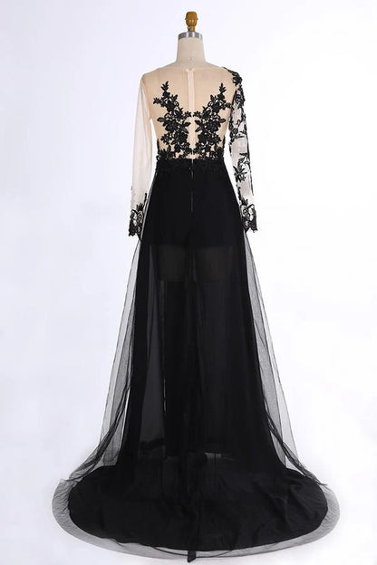 Sexy Black Long Sleeve Lace Slit V-Neck Prom Dress Evening Dresses