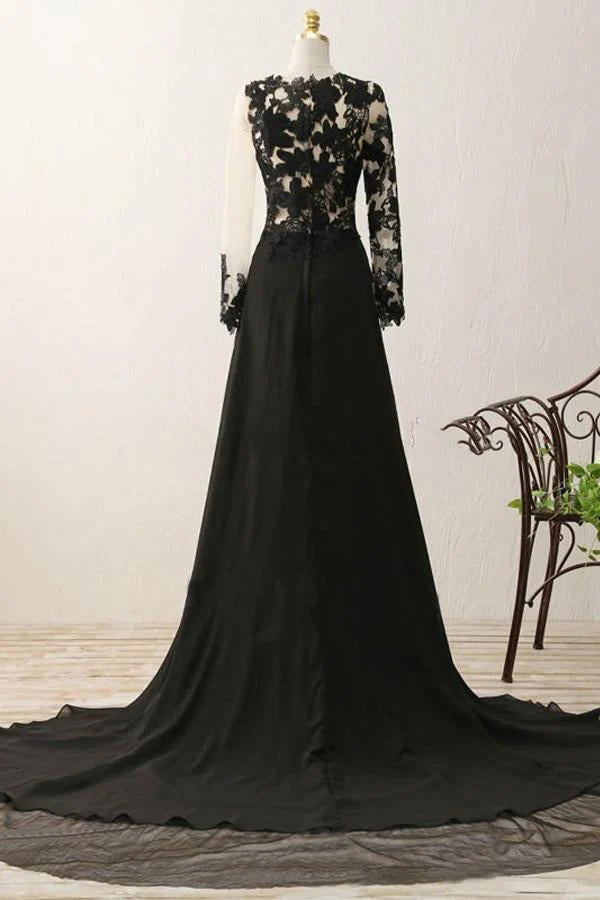 Sexy Black Long Sleeve Lace Slit V-Neck Prom Dress Evening Dresses