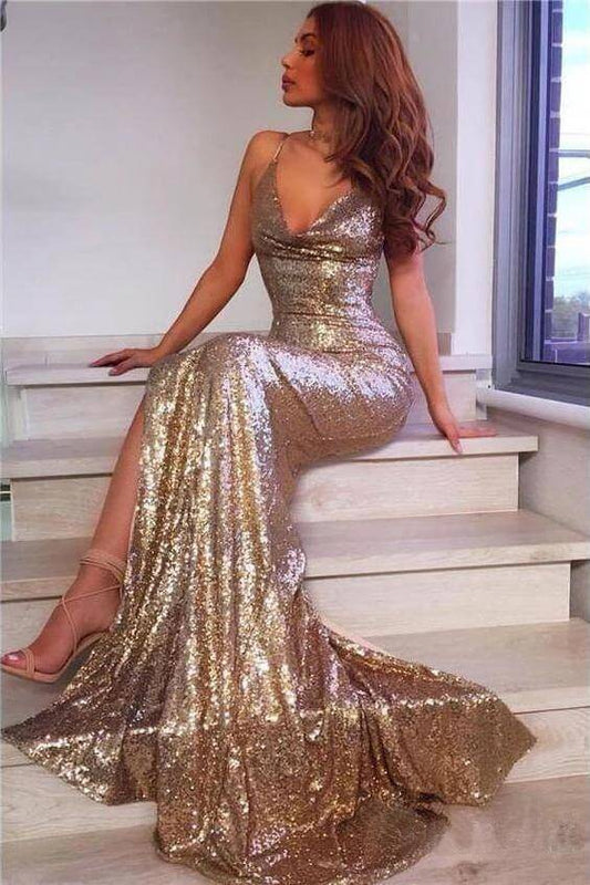 Mermaid Spaghetti Straps Prom Dresses Side Slit Backless Formal Dresses